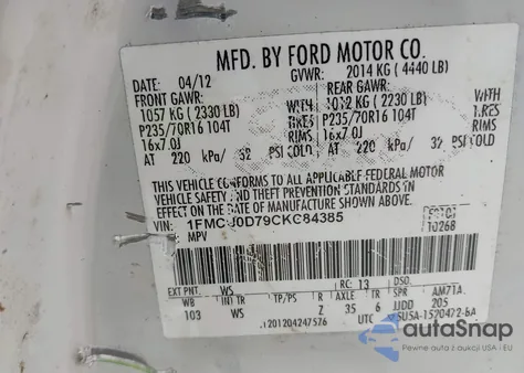 2012 Ford Escape Xlt from USA, damaged, VIN 1FMCU0D79CKC84385